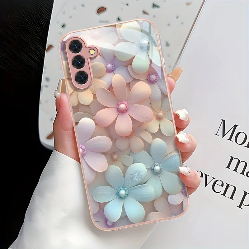 solid Tempered Glass Flowers Back Cover decorated with flowers