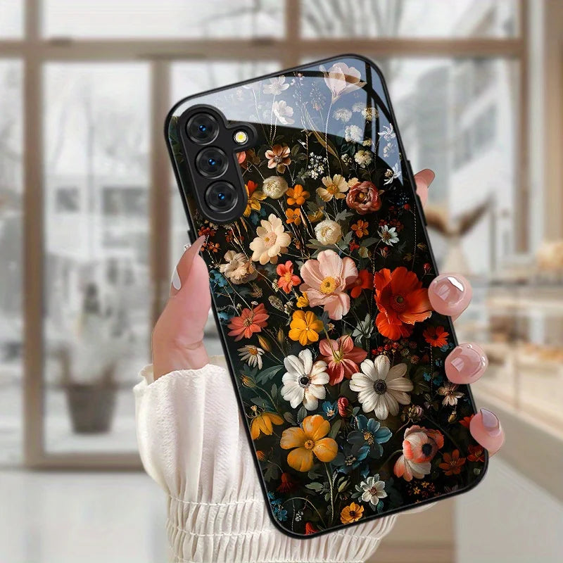 solid Tempered Glass Flowers Back Cover decorated with flowers