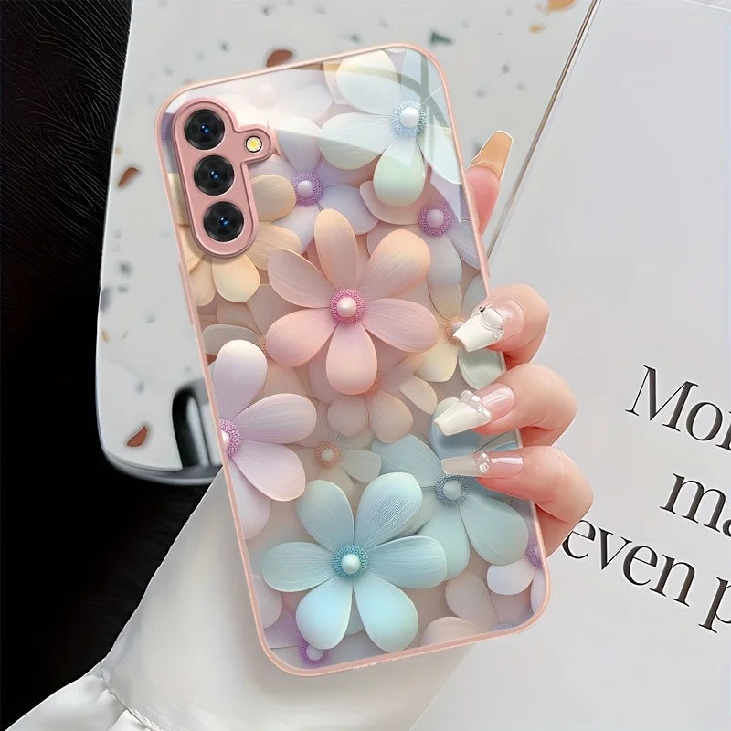 solid Tempered Glass Flowers Back Cover decorated with flowers