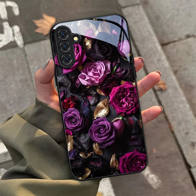 solid Tempered Glass Flowers Back Cover decorated with flowers