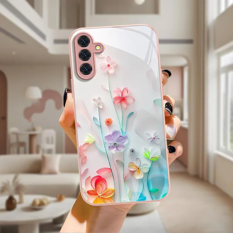 solid Tempered Glass Flowers Back Cover decorated with flowers