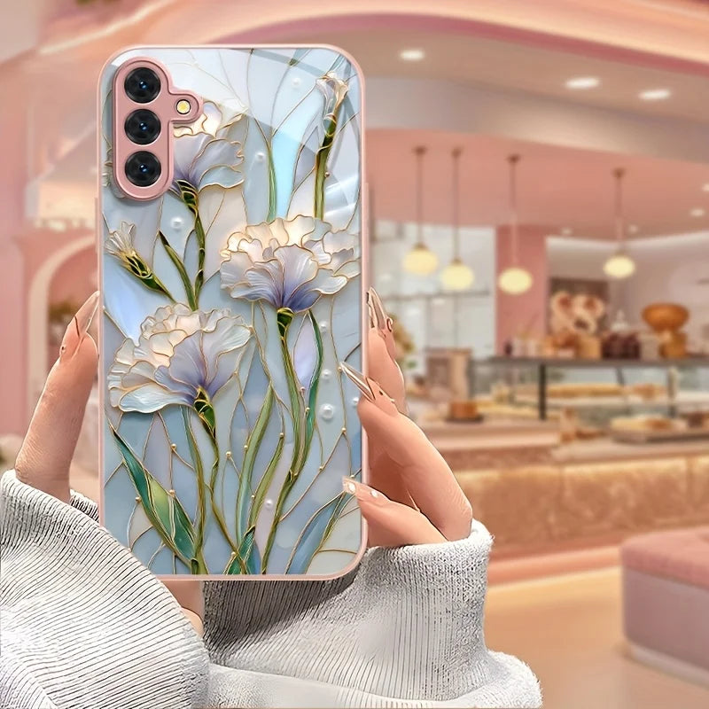 solid Tempered Glass Flowers Back Cover decorated with flowers