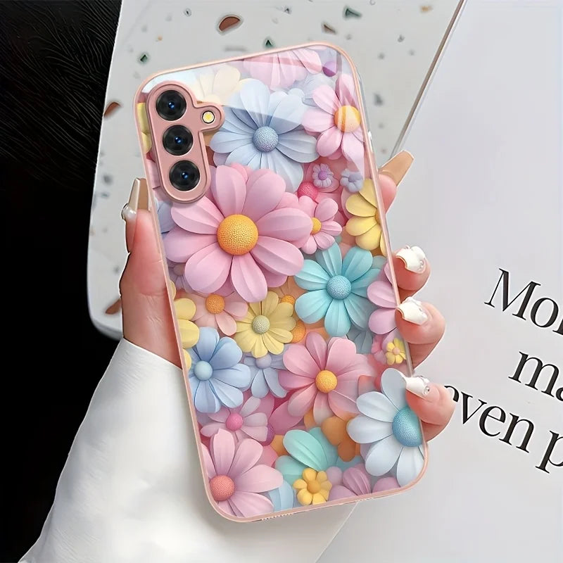 solid Tempered Glass Flowers Back Cover decorated with flowers